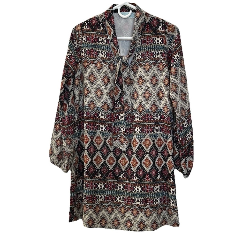 Veronica M. Aztec Print Tie-Neck Mini Dress-S-Boho Jewel Tones Geometric Western
